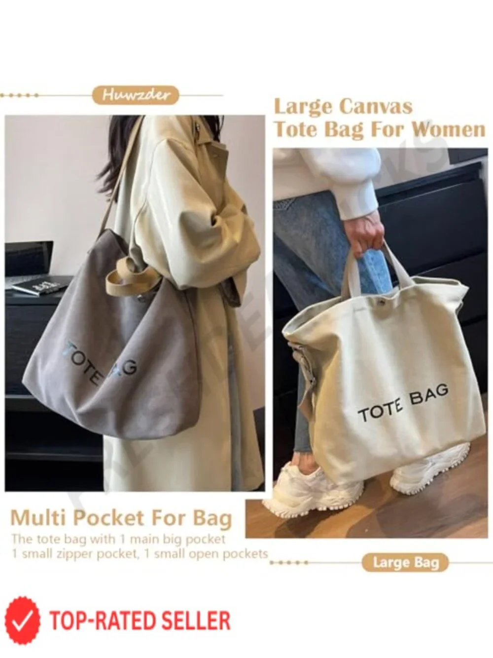 Canvas Tote Bag Large Capacity Shoulder Crossbody Handbag with Adjustable Strap